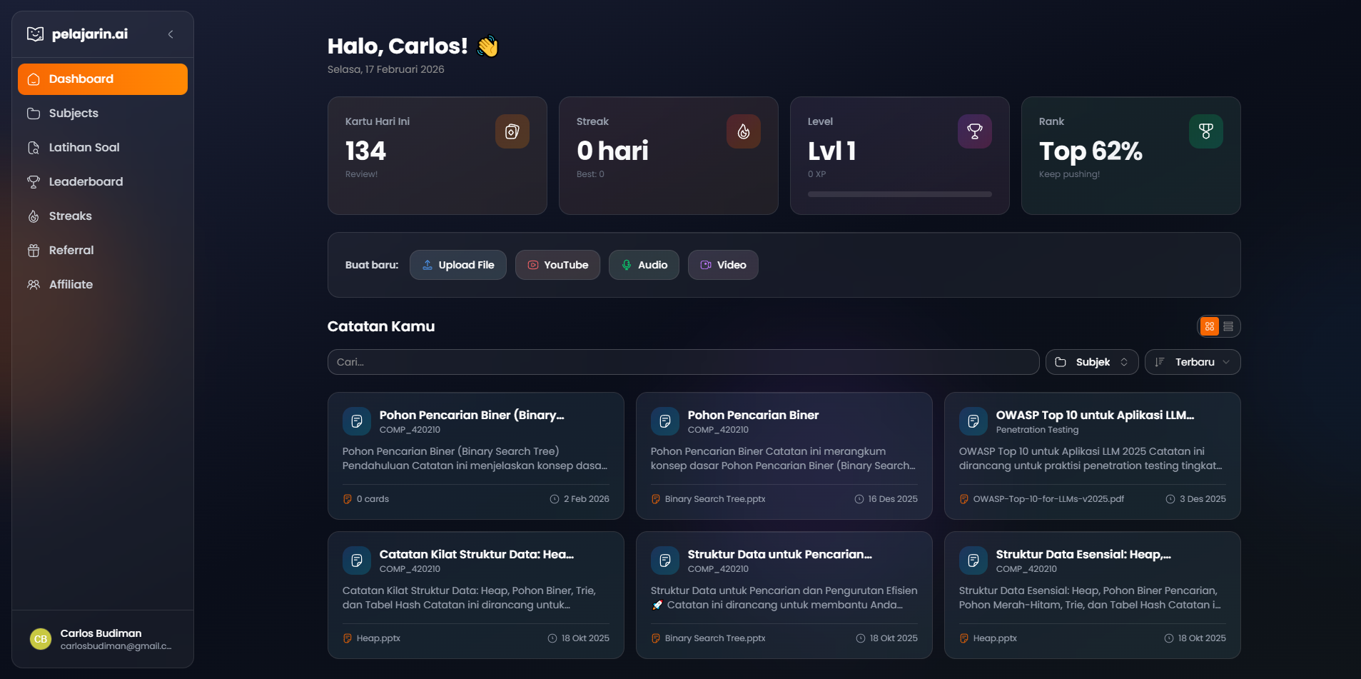 Pelajarin.ai Dashboard